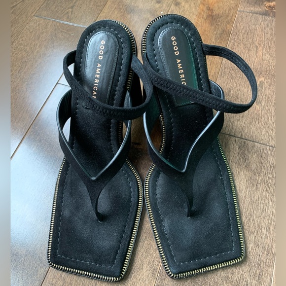 Good American suede square toe block heel black suede strappy sandals size 10 - Picture 2 of 5